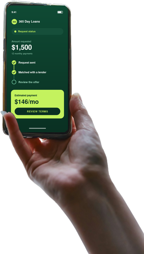 Hand holding a phone showing a 365 Day Loans request status
